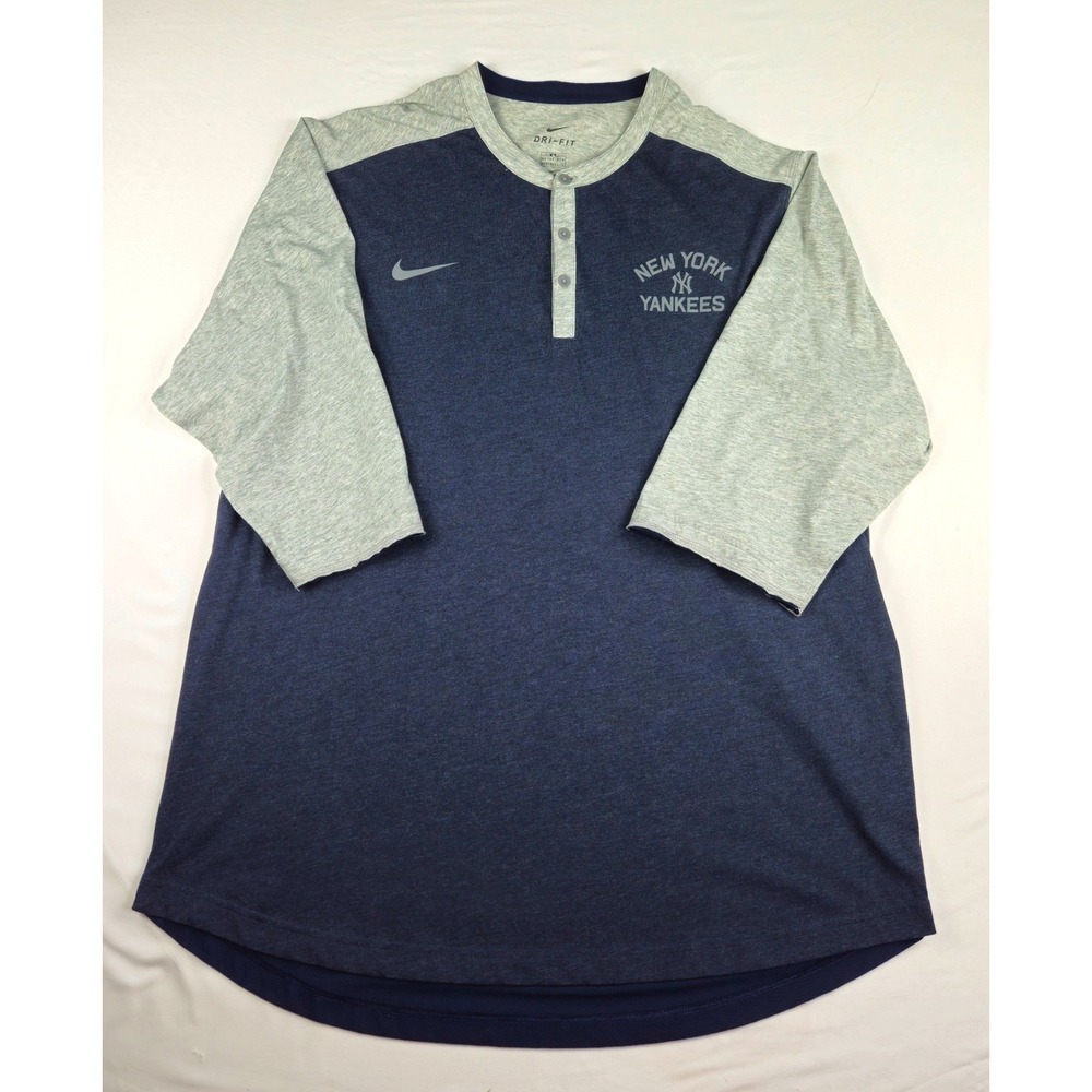 Nike Dri-FIT New York Yankees Henley Shirt Mens XXL Navy Grey 3/4 Sleeve MLB